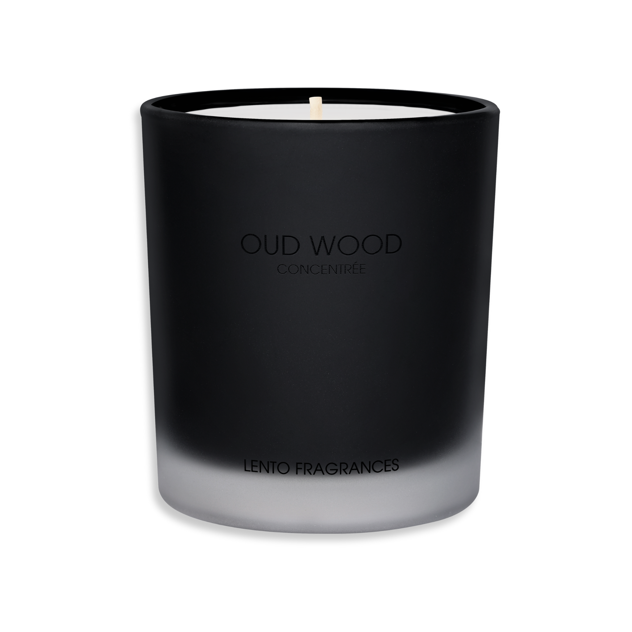 Luxury candle by LENTO FRAGRANCES — OUD WOOD CONCENTRÉE, Hollywood’s Golden Age Collection, Black Sable matte glass vessel.