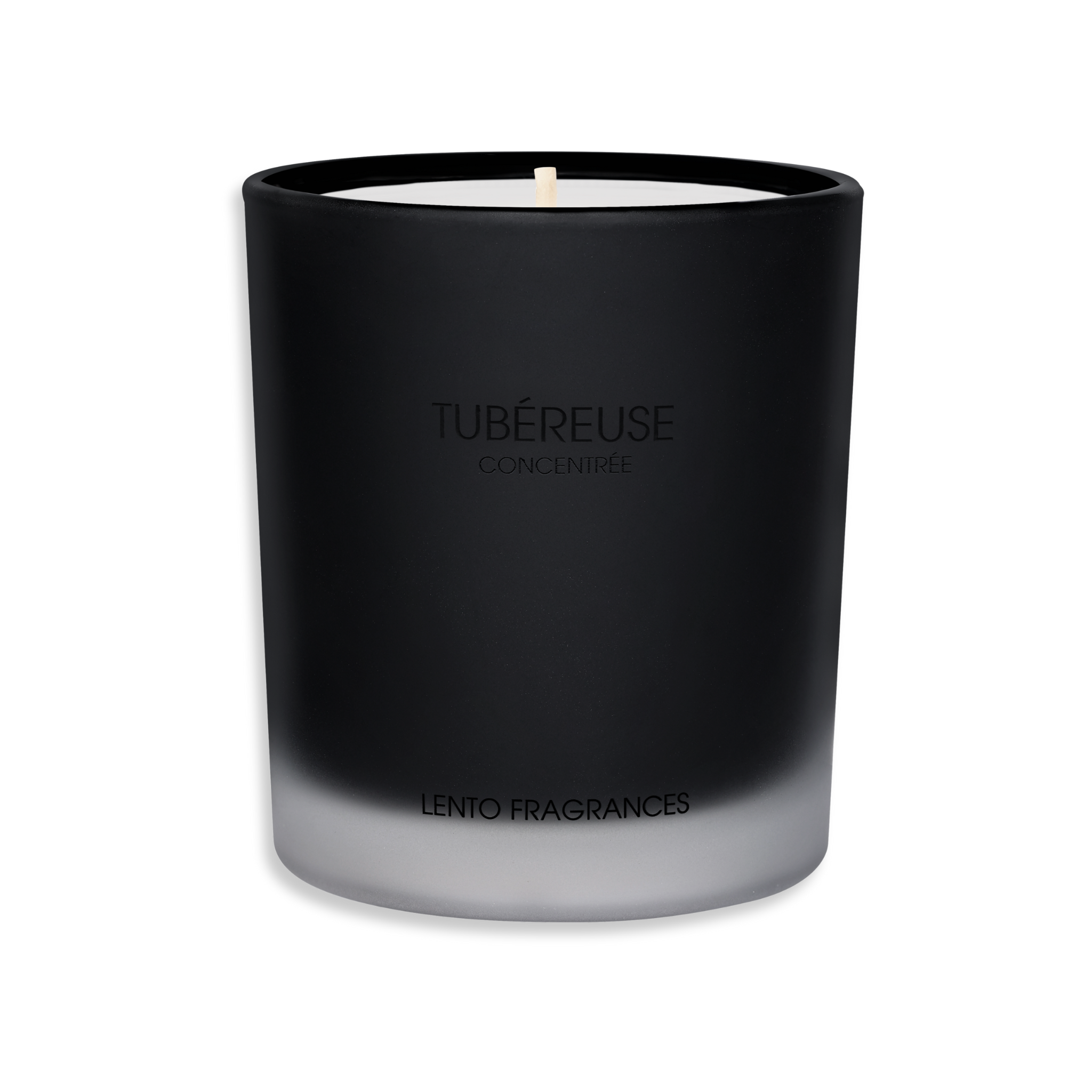 Luxury candle by LENTO FRAGRANCES — TUBÉREUSE CONCENTRÉE, Hollywood’s Golden Age Collection, Black Sable matte glass vessel.